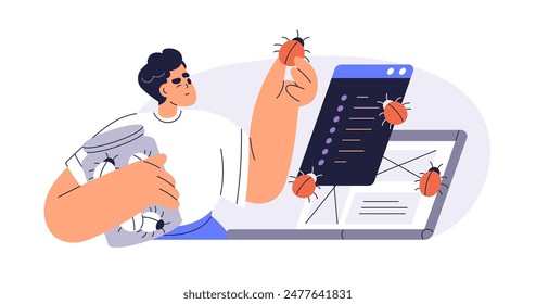 Software tester finding bugs, searching errors. QA reporting, testing program and debugging code. Quality assurance analysis, mistakes control. Flat vector illustration isolated on white background