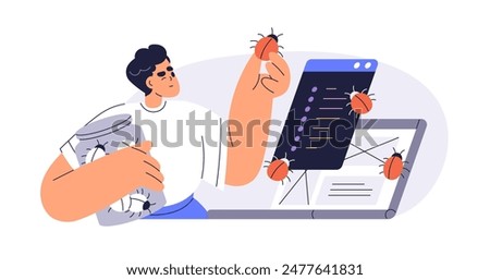 Software tester finding bugs, searching errors. QA reporting, testing program and debugging code. Quality assurance analysis, mistakes control. Flat vector illustration isolated on white background