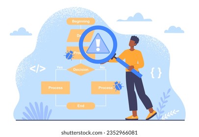 Software tester with loupe concept. Man with magnifying glass look at application or program structure. Programmer and IT specialist searching for bugs. Cartoon flat vector illustration