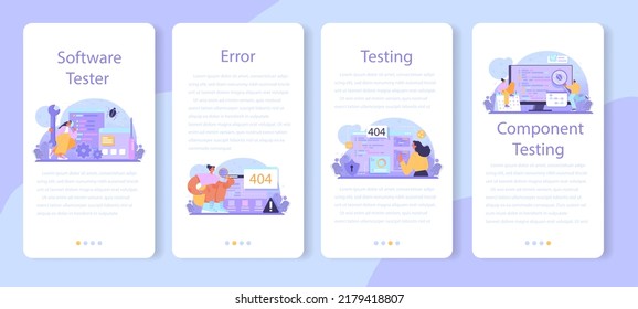 Software tester mobile application banner set. Application or website code testing. Software development and debugging. IT specialist searching for bugs and correcting error. Flat vector illustration