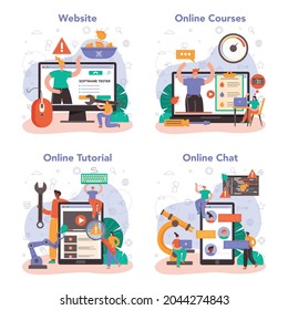 Software tester online service or platform set. Application or website code testing. Software development and debugging. Online course, tutorial, chat, website. Flat vector illustration