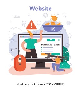 Servicio o plataforma de prueba de software en línea. Prueba de código de aplicación o sitio web. Desarrollo y depuración de software. Especialista en TI buscando fallos. Sitio web. Ilustración vectorial plana