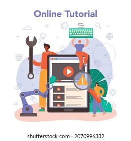 Software tester online service or platform. Application or website code testing. Software development and debugging. IT specialist searching for bugs. Online tutorial. Flat vector illustration
