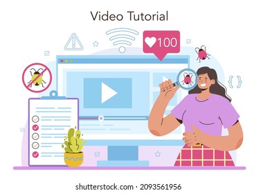 Software tester online service or platform. Application or website code testing. Software development and debugging. Video tutorial. Vector illustration
