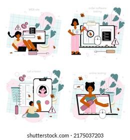 Software tester online service or platform set. Application or website code testing. Software development and debugging. Online call, order, testing, website. Flat vector illustration