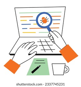 Software tester profession, testing online courses, person searching for bugs in code, magnifying glass, distant education concept, hand drawn composition with laptop screen, vector illustration