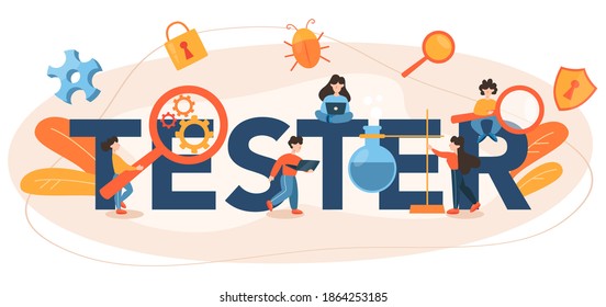 Software tester typographic header. Application or website code test process. IT specialist searching for bugs. Idea of computer technology. Digital analysis. Vector illustration in cartoon style