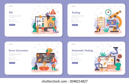 Software tester web banner or landing page set. Application or website code testing. Software development and debugging. IT specialist searching for bugs. Isolated flat vector illustration