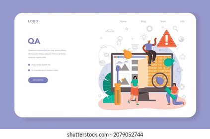 Software tester web banner or landing page. Application or website code testing. Software development and debugging. IT specialist searching for bugs. Isolated flat vector illustration