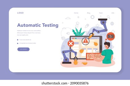 Software-Tester Web-Banner oder Landing-Seite. Automatisches Testen von Anwendungs- oder Website-Code. Softwareentwicklung und Debuggen. IT-Spezialist auf der Suche nach Fehlern. Einzelne flache Vektorgrafik