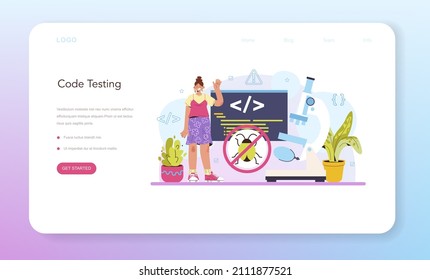 Software tester web banner or landing page. Application or website code testing. Software development and debugging. IT specialist searching for bugs. Isolated flat vector illustration