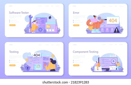 Banner web de prueba de software o juego de páginas de inicio. Prueba de código de aplicación o sitio web. Desarrollo y depuración de software. El especialista en TI busca errores y corrige errores. Ilustración vectorial plana