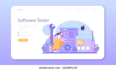 Software tester web banner or landing page. Application or website code testing. Software development and debugging. IT specialist searching for bugs and correcting error. Flat vector illustration