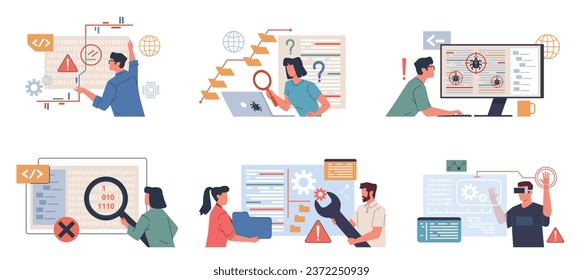 Software testers work. IT company employees looking for bugs and errors in applications and programs, web development, teamwork PC coding, cartoon flat style isolated nowaday vector set