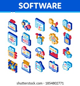 Software Testing And Analysis Icons Set Vector. Isometric Computer Software, Code And Program Test And Research On Bug, Technician Support Illustrations
