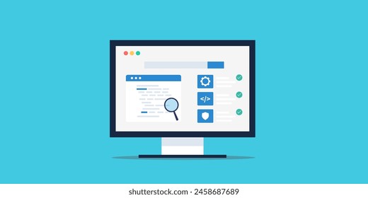 Software testing, Testing app on local host, Software bug fixing - vector illustration background with icons