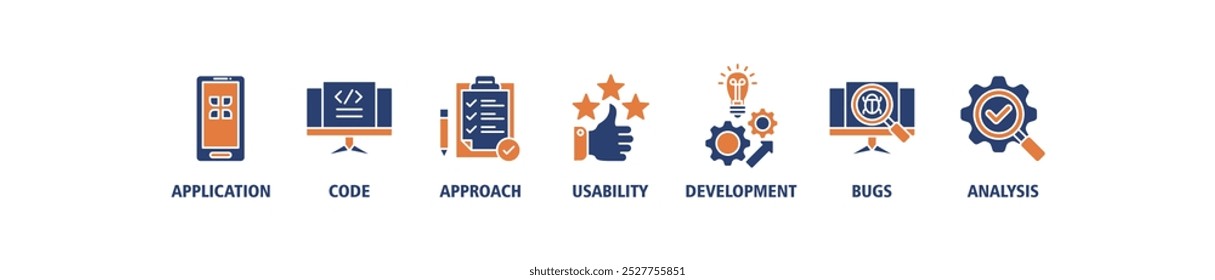 Banner de teste de software ícone da web definir conceito de ilustração vetorial com ícone de análise, desenvolvimento, aplicação, código, abordagem, usabilidade e bugs ícones infográficos símbolo fundo