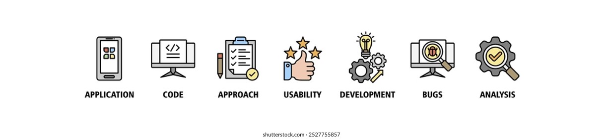 Software testing banner web icon set vector illustration concept with icon of analysis, development, application, code, approach, usability, and bugs icons infographics symbol background