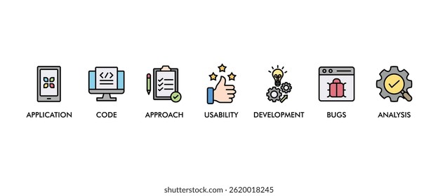 Software testing banner web icon set vector illustration concept with icon of analysis, development, application, code, approach, usability, and bugs icons infographics symbol background