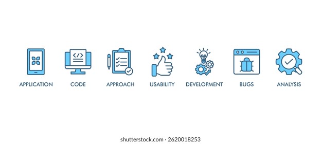 Software testing banner web icon set vector illustration concept with icon of analysis, development, application, code, approach, usability, and bugs icons infographics symbol background