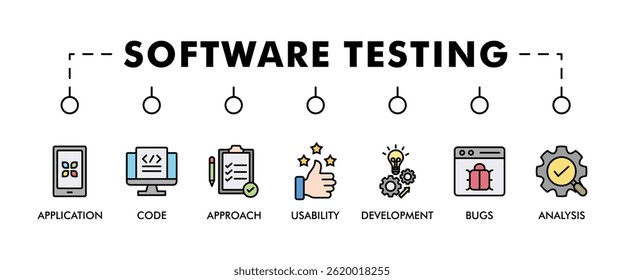 Software testing banner web icon set vector illustration concept with icon of analysis, development, application, code, approach, usability, and bugs icons infographics symbol background