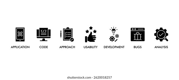Software testing banner web icon set vector illustration concept with icon of analysis, development, application, code, approach, usability, and bugs icons infographics symbol background