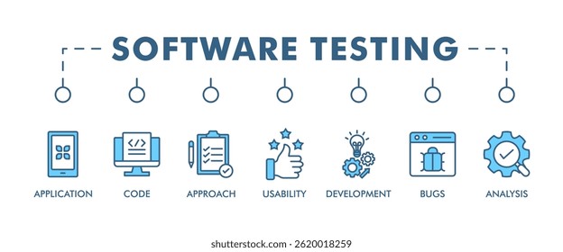 Software testing banner web icon set vector illustration concept with icon of analysis, development, application, code, approach, usability, and bugs icons infographics symbol background