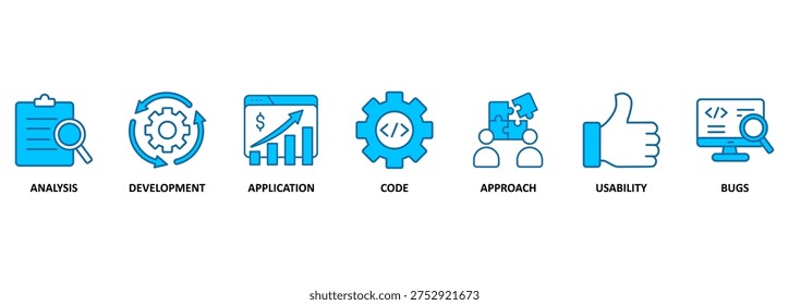 Software testing banner web icon vector illustration concept with icon of analysis, development, application, code, approach, usability, and bugs