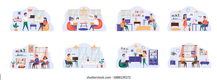 Software testing bundle of scenes with flat people characters. Developers debugging digital application conceptual situations. oftware testing, search of program bugs cartoon vector illustration