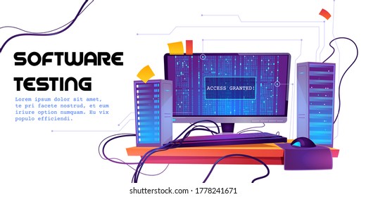 Software testing cartoon banner. Functional test, methodology of programming, search errors and bugs, website platform development, dashboard usability optimization for computer pc vector illustration