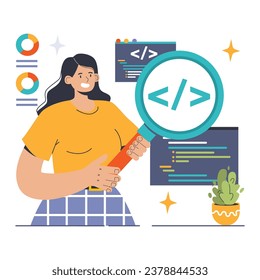 Software testing. Code testing and debugging. IT specialist searching for bugs using functional methods. Website and application development. Flat vector illustration