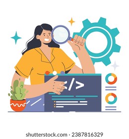 Software testing. Code testing and debugging. IT specialist searching for bugs using functional methods. Website and application development. Flat vector illustration