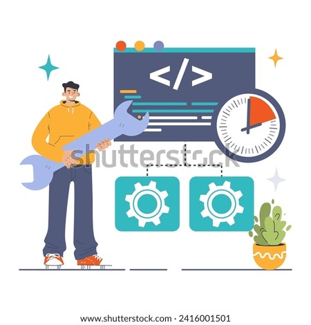 Software testing. Code testing and debugging. IT specialist searching for bugs using functional methods. Website and application development. Flat vector illustration