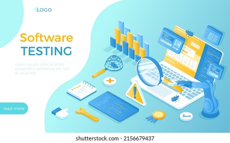 Software Testing. Computer Code Analysis. Process Evaluation Software Application Or Website. Identification And Removal Of Defects, Bugs, Errors. Isometric Vector Illustration For Website.