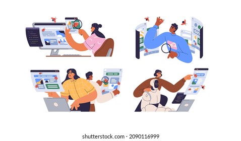 Software testing concept. Apps and programs testers set searching, finding and reporting bugs and errors. Analysis and debugging process. Flat graphic vector illustrations isolated on white background