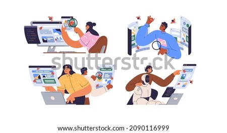 Software testing concept. Apps and programs testers set searching, finding and reporting bugs and errors. Analysis and debugging process. Flat graphic vector illustrations isolated on white background