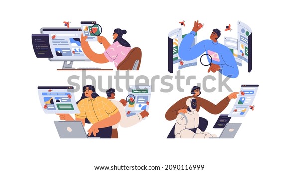 Software testing concept. Apps and programs\
testers set searching, finding and reporting bugs and errors.\
Analysis and debugging process. Flat graphic vector illustrations\
isolated on white\
background