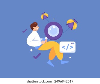 software testing concept. bug analysis in a program or system. technological weaknesses. illustration of a bug hunter looking for vulnerabilities and bugs in an application. flat style design. graphic