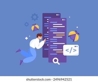 software testing concept. flaw analysis in a program or system. technology weaknesses. illustration of a bug hunter looking for vulnerabilities and bugs in a program script. flat style design. element