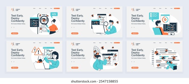Conceito de teste de software da página inicial com modelos de slide definidos em design plano. Cabeçalhos do site com pessoas encontram e corrigem bugs no código do programa, fazem análise de garantia de qualidade. Ilustrações vetoriais.