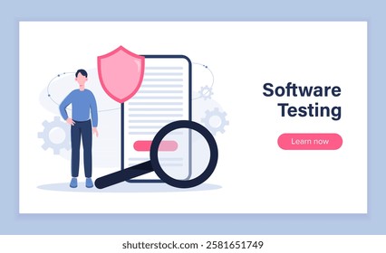 Software testing concept. Man with magnifying glass near smartphone with code. Programmer and IT specialist develops programs and applications. Landing page. Flat vector illustration