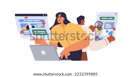 Software testing concept. QA team finding, searching, looking for bugs, errors in program, system. Testers in Quality assurance department. Flat vector illustration isolated on white background