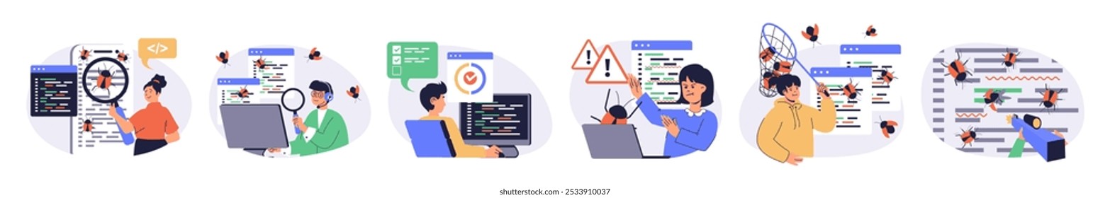 Software testing concept set with characters in flat design for web. People searching and finding bugs in program code and fixing mistakes, doing quality assurance analysis. Vector illustrations.