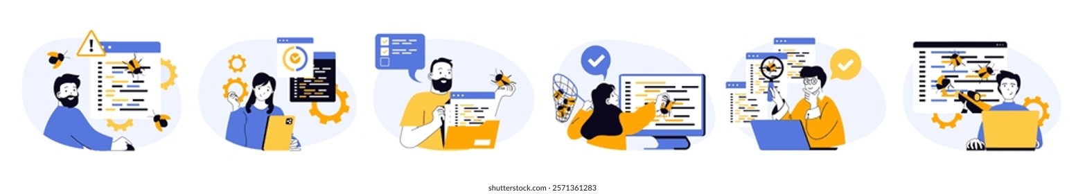 Software testing concept set in flat web design. Collection with people searching bugs in program code, fixing mistakes, doing report of quality assurance. Vector illustrations on white background.