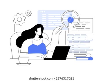 Software testing course isolated cartoon vector illustrations. Young girl testing software on computer, quality assurance online degree, distance learning, virtual education vector cartoon.