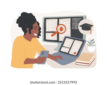 Software testing course isolated cartoon vector illustrations. Young girl testing software on computer, quality assurance online degree, distance learning, virtual education vector cartoon.