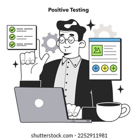 Software testing and debugging. IT specialist searching for bugs using method of positive testing. Website and application development. Flat vector illustration