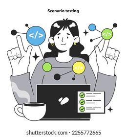 Software testing and debugging. IT specialist searching for bugs using method of scenario testing. Website and application development. Flat vector illustration