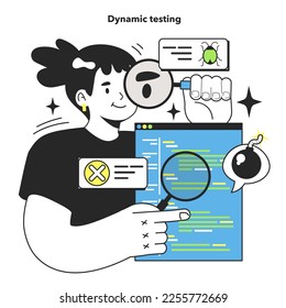 Software testing and debugging. IT specialist searching for bugs using method of dynamic testing. Website and application development. Flat vector illustration