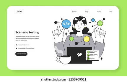 Software testing and debugging web banner or landing page. IT specialist searching for bugs using method of scenario testing. Website and application development. Flat vector illustration